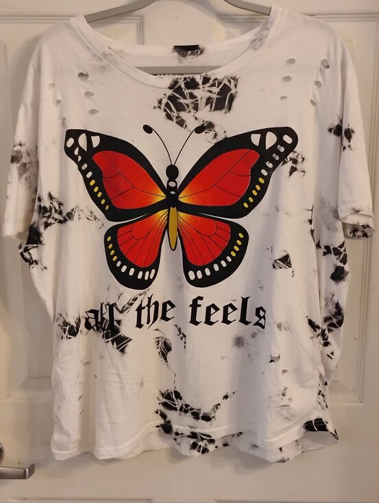 On Fire Tops - On Fire White Short Sleeve Tee with Red-Orange Butterfly Graphic, Size: 2X